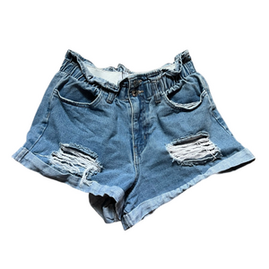 Forever 21 Blue Distressed Jean Shorts With Elastic Waistband